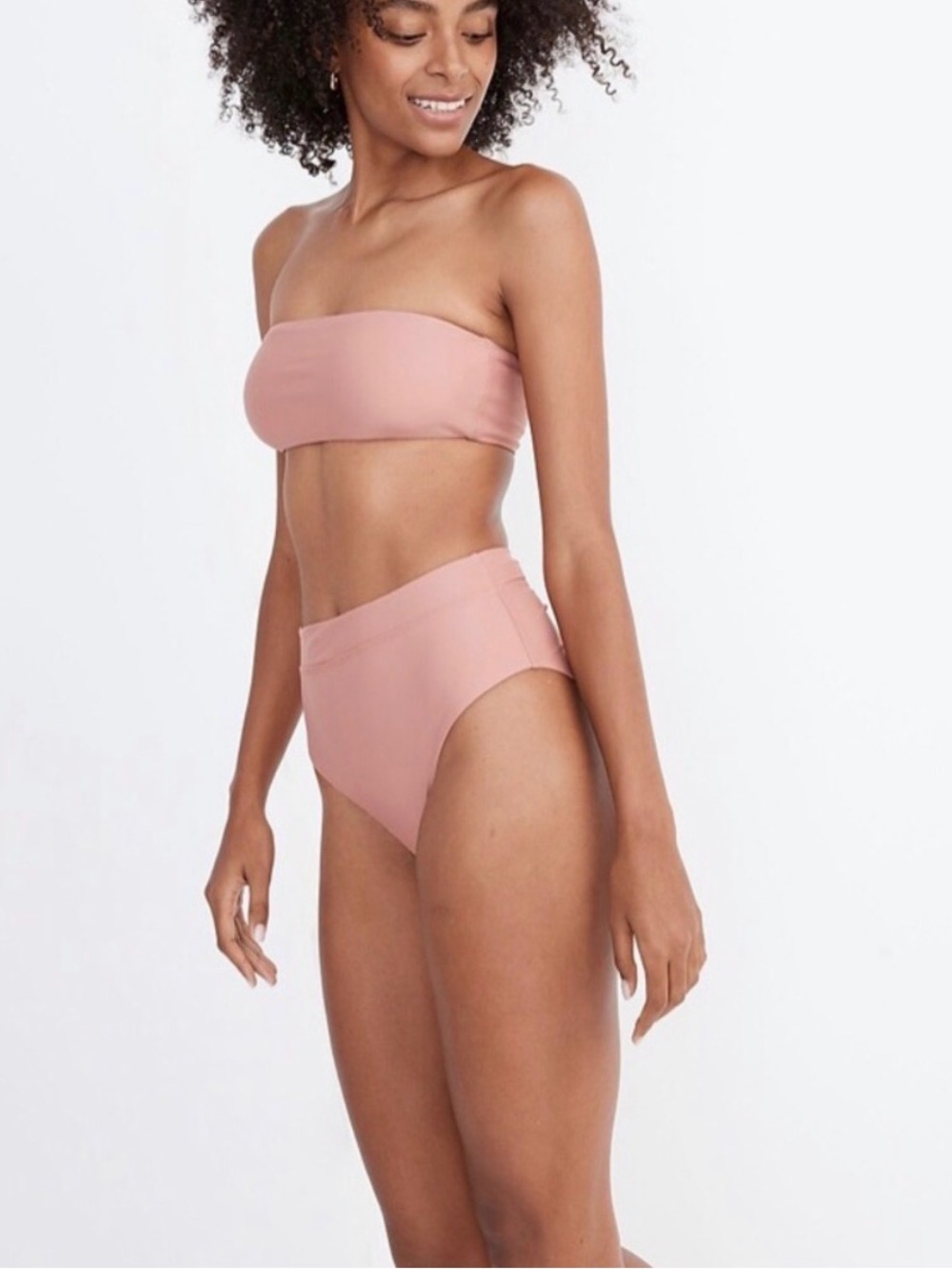 Madewell Second Wave Rose Bandeau Bikini with High-Waist Bottoms, Size M
